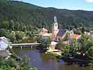 Rožmberk nad Vltavou, pohled na kostel a město z hradu